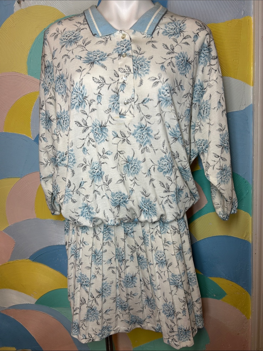 Vintage 80s Women's Blue Floral Polo Dress sz 38 & 46